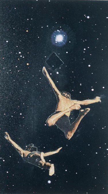 Collage of 2 persons flying in space, Symbol of meditation and play