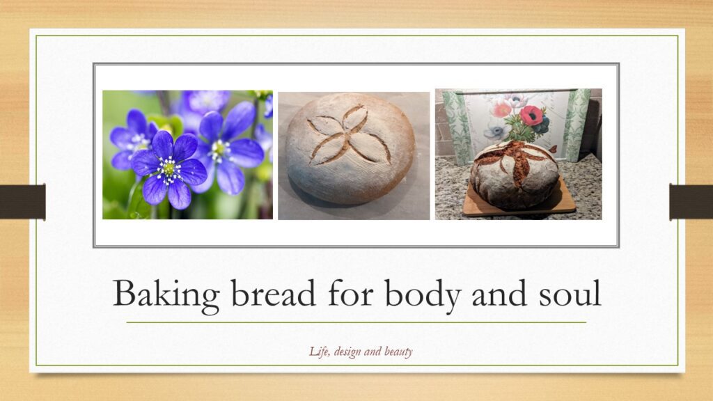 Collage of flower, flower design, and freshly baked scored bread
