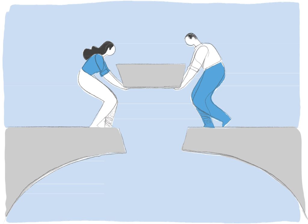 Drawing of two people holding parts of bridge