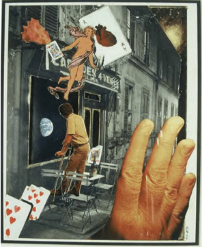 Collage with man with braces, playing cars, tarot images, chaos.
