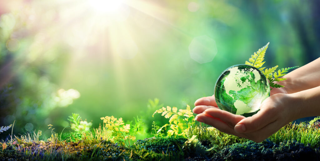 Image of nature, hands holding green globe
